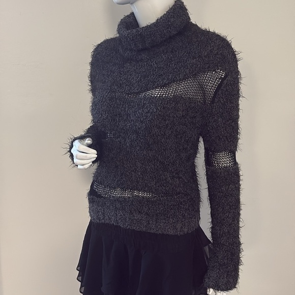 Cop Copine Aluche Fuzzy Furry Sweater w Black Textured Fishnet Style Cutouts - Picture 3 of 10